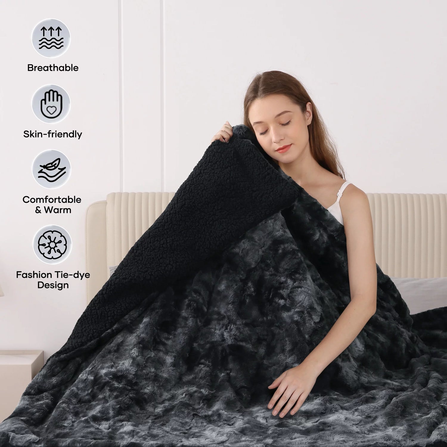 Black Tie-Dye PV Fleece Heated Blanket, 50 in X 60 In