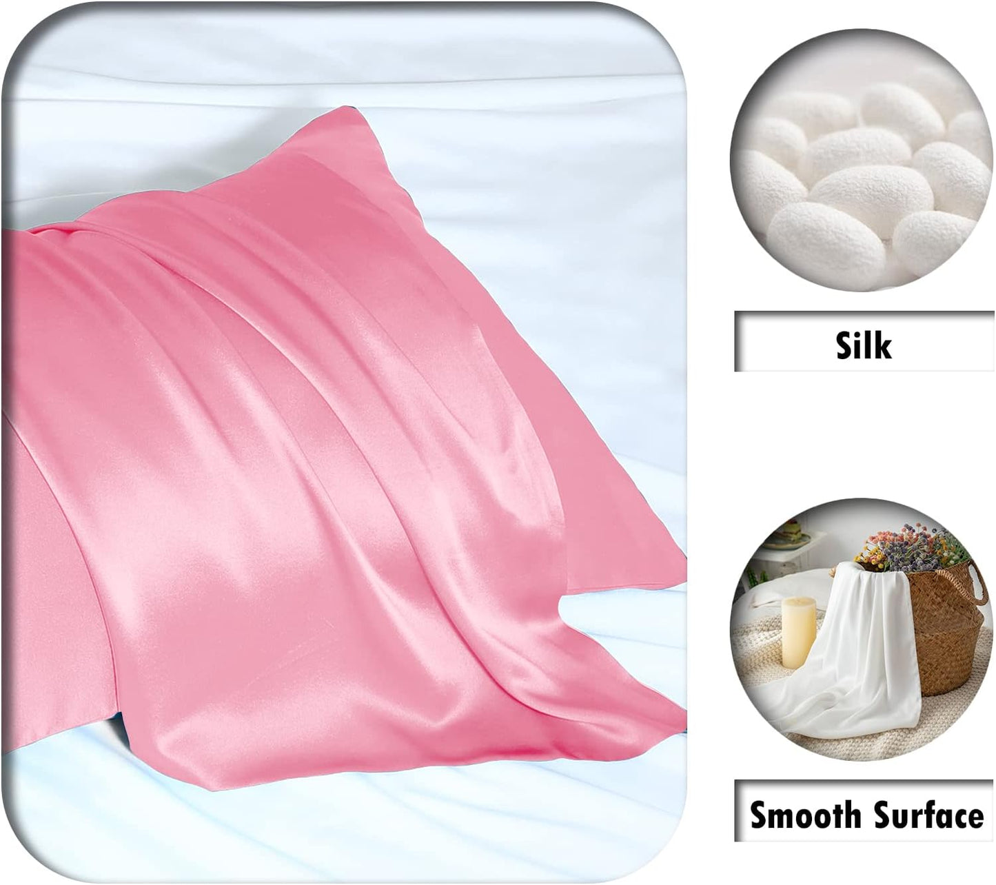 Natural Mulberry Silk Pillowcase for Hair and Skin Queen Size 20"X30" Silk Pillow Case with Hidden Zipper Soft Breathable Smooth Cooling Silk Pillow Covers for Sleeping(Pink,Queen,1Pcs)