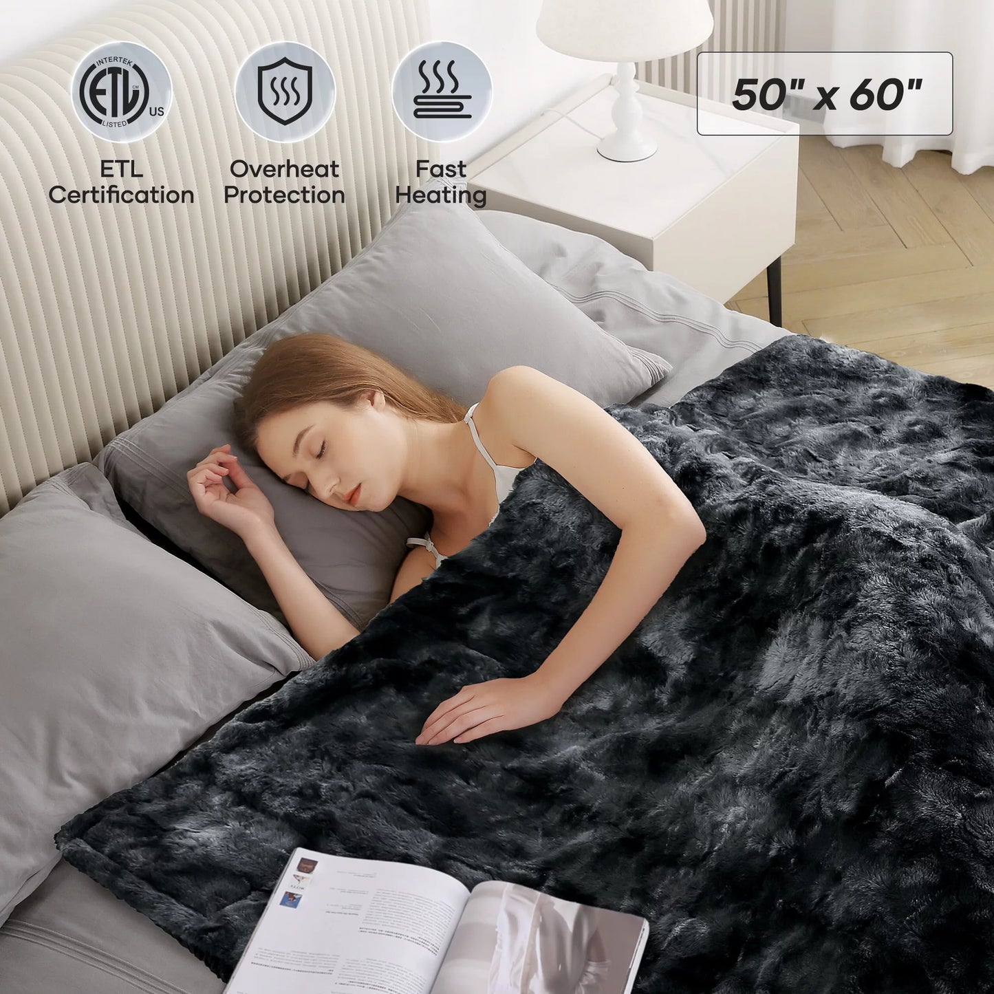 Black Tie-Dye PV Fleece Heated Blanket, 50 in X 60 In